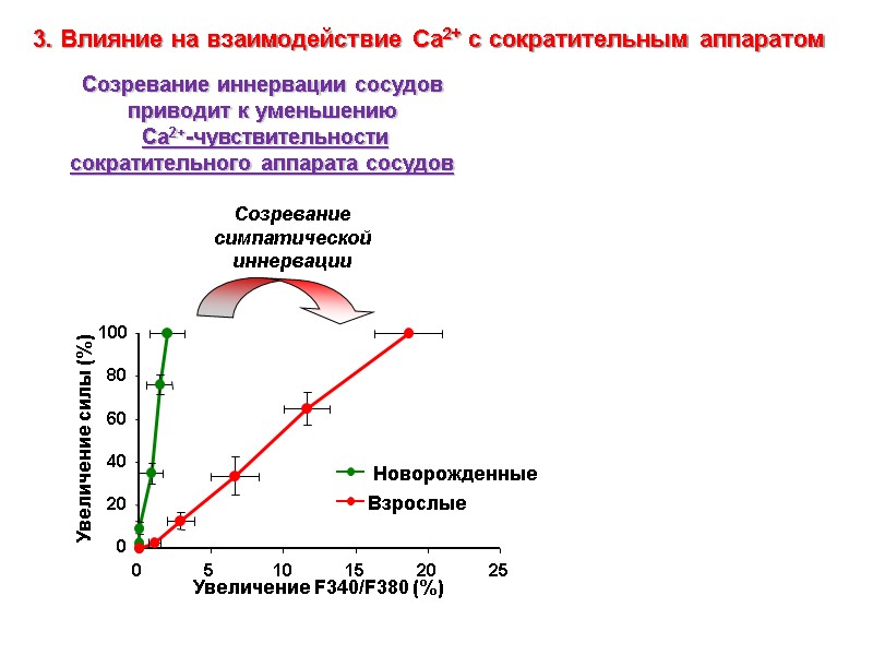 Созревание симпатической иннервации Созревание иннервации сосудов приводит к уменьшению  Cа2+-чувствительности сократительного аппарата сосудов